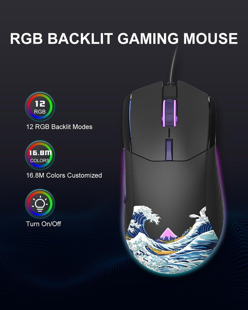 COSTOM Womier G705 USB Wired Gaming Mouse for PC Computer Windows Mac Laptop, Lightweight Silent RGB Backlit Mouse with Adjustable 12000DPI/7 Programmable Side Buttons,Black Kanagawa Theme - Image 1